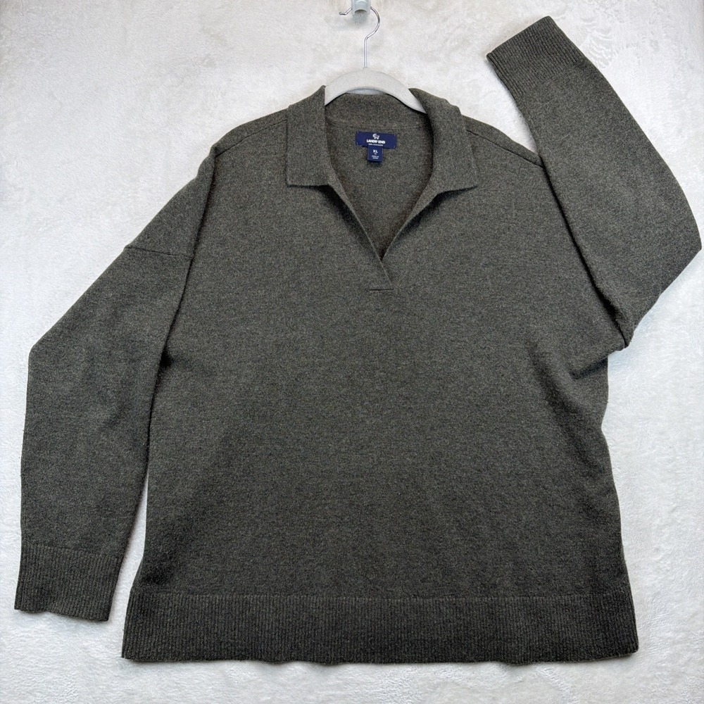 Lands' End Cashmere Polo Sweater Women's XL Olive Green Collared Pullover